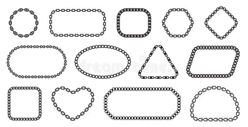 Chain frames. Different shapes and braidings, recurring segments, decorative elegant bijouterie borders, black silhouettes, luxury vector illustration