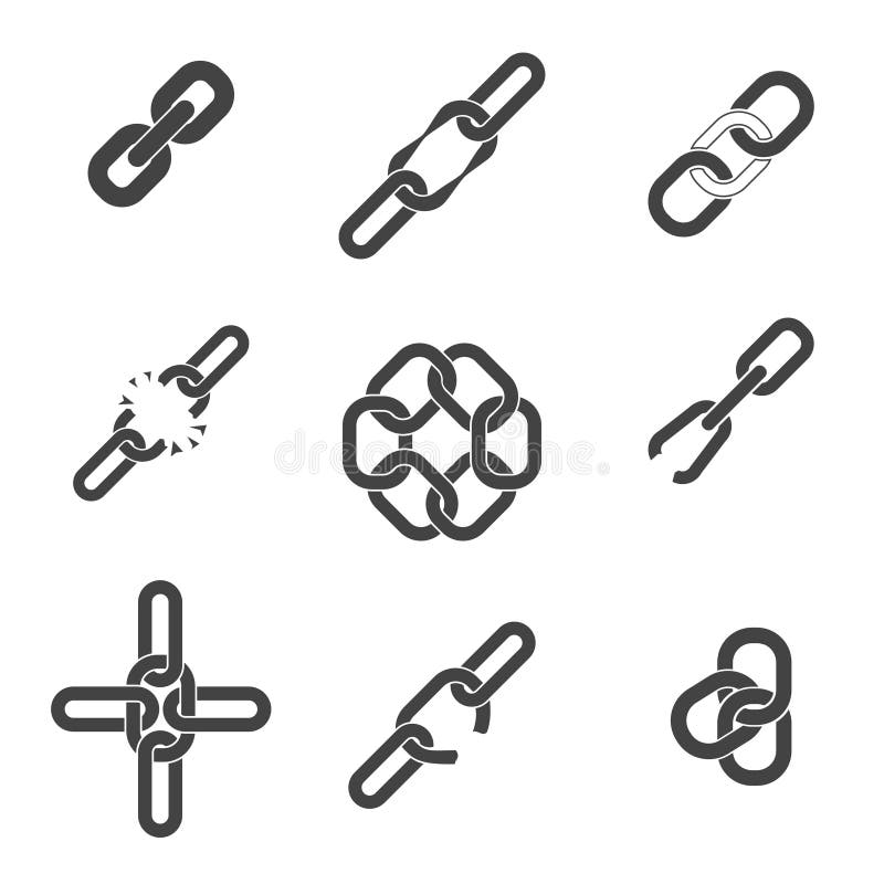 Chain or link icons set. Broken or closed segment, union ir unite, component connect part, vector illustration