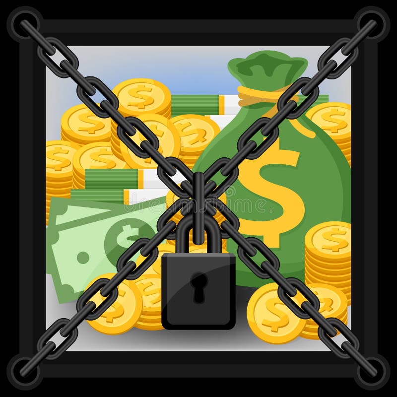 Chain padlock lock and box for security safe money concept, iron safe box for saving money, money sack saving in the strongbox stock illustration