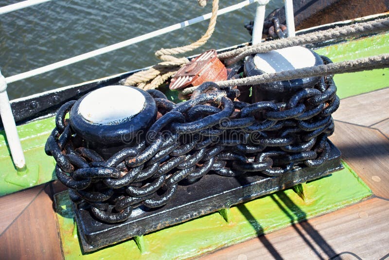 Chains and blocks as part of rigging on a sailing ship. Chains and blocks as part of rigging on a sailing ship.