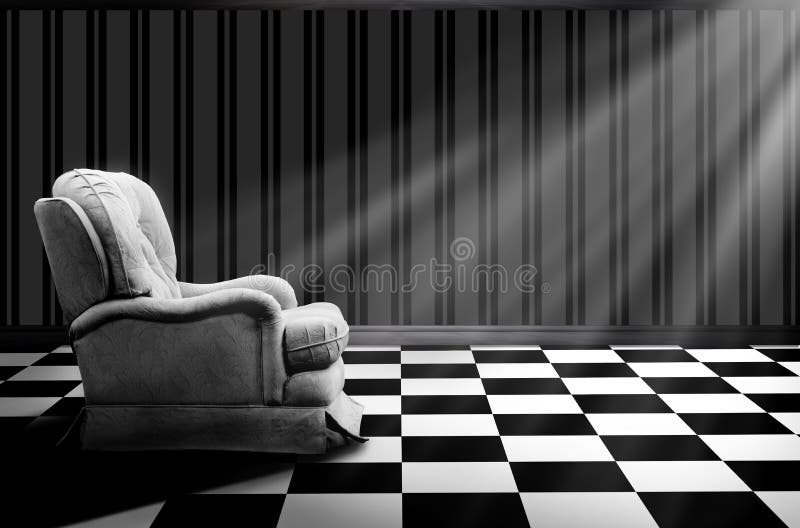 Biele stoličky smerom do silného svetla na biele a čierne kockované poschodí.