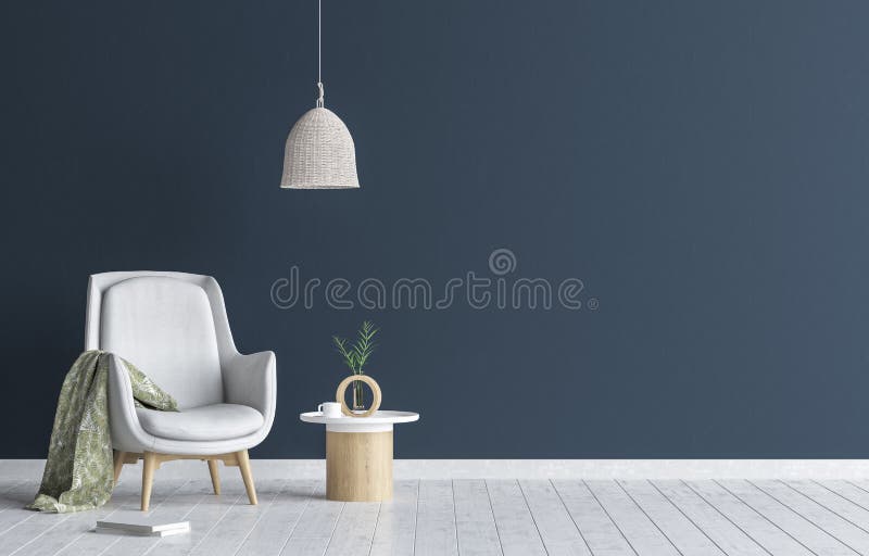 Chair with lamp and coffee table in living room interior, dark blue wall mock up background