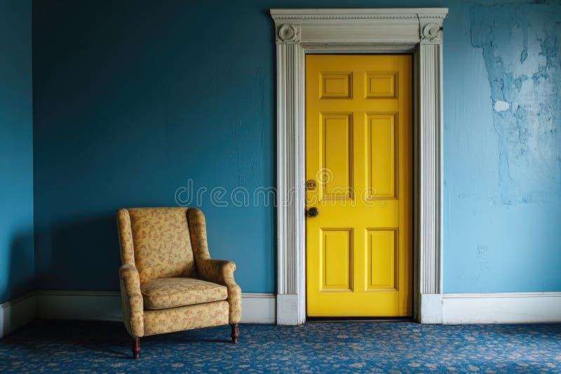 A Chair is Placed in Front of a Yellow Door, with a Simple Room