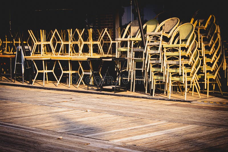 Chairs on Table Closed Restaurant Covid 19 Business Idea Stock Photo