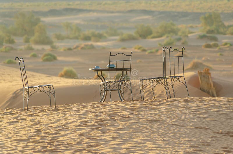 Chairs and Table in the Sahara Desert in Merzouga. Morocco Stock Image