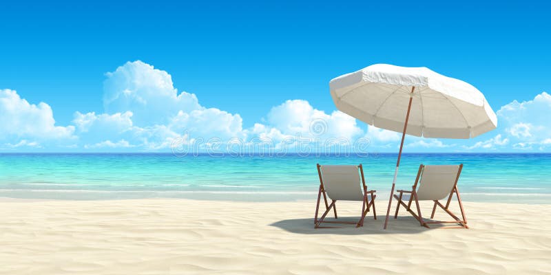 Chaise longue ed ombrello sulla spiaggia della sabbia. fotografia stock