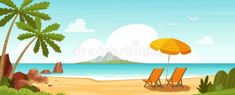 Sea beach and sun loungers. Seascape, vacation banner. Cartoon vector. Sea beach and sun loungers. Seascape, vacation banner. Cartoon vector
