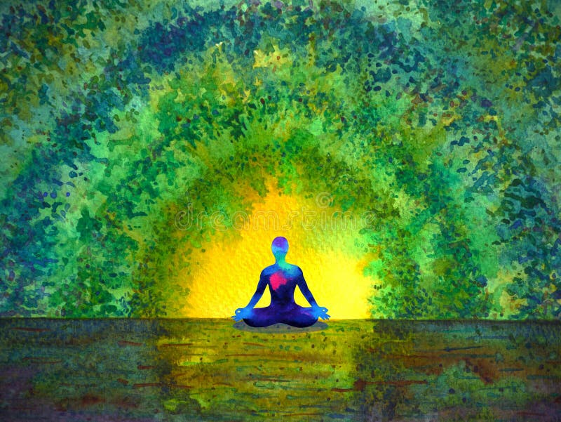 Chakra color human lotus pose yoga in green tree forest tunnel, abstract world, universe inside your mind mental, watercolor stock illustration