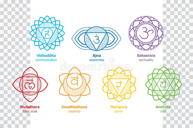 Chakras set - ayurveda, spirituality, yoga symbols. Editable  illustration, transparent circle around. Chakras - symbols of energy centers of human body used in Hinduism, Buddhism and Ayurveda. Vector Muladhara, Swadhisthana, Manipura, Anahata, Vishuddha, Ajna, Sahasrara. Chakras set - ayurveda, spirituality, yoga symbols. Editable  illustration, transparent circle around. Chakras - symbols of energy centers of human body used in Hinduism, Buddhism and Ayurveda. Vector Muladhara, Swadhisthana, Manipura, Anahata, Vishuddha, Ajna, Sahasrara