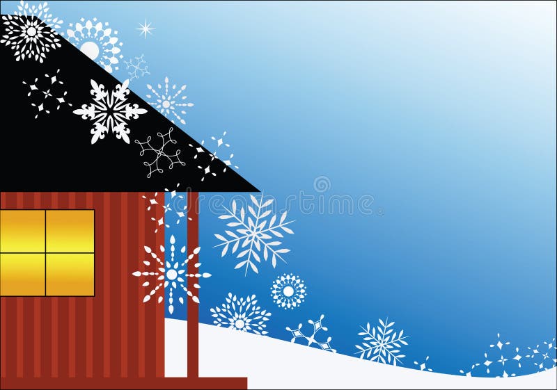 Chalet with variety of different snowflakes (light on in window). Chalet with variety of different snowflakes (light on in window)