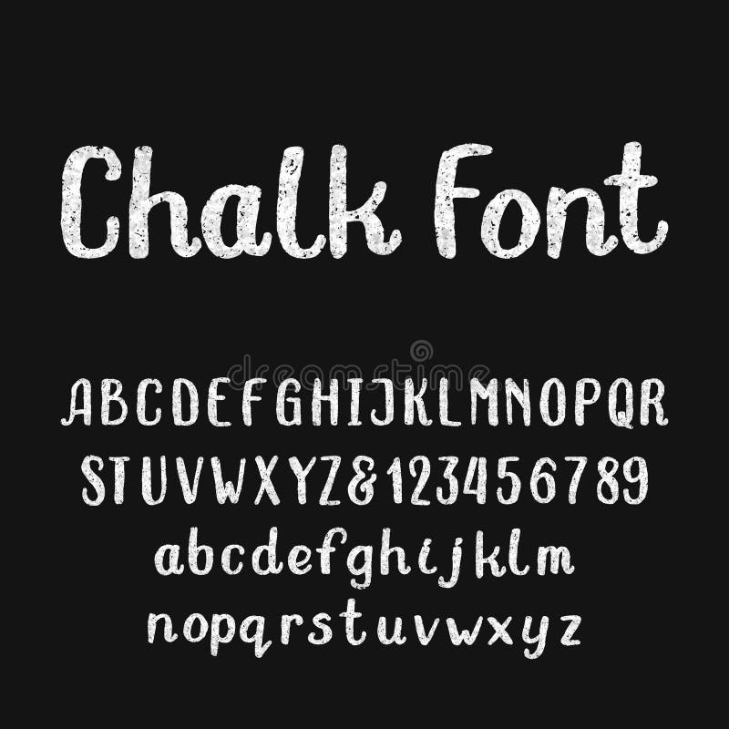 Chalk alphabet font. Hand drawn type letters and numbers on a dark background. stock illustration Chalk alphabet font. Hand drawn type letters and numbers on a dark background. stock illustration