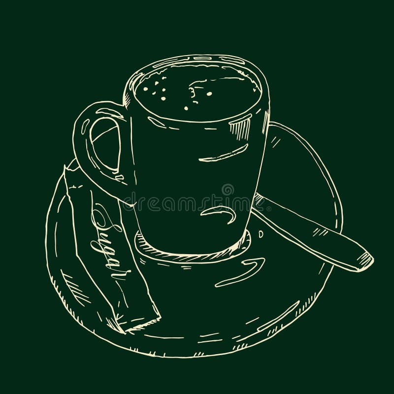 Chalk on blackboard sketch graphic. Small cup of coffee on a plate with a tea spoon and sugar illustration, hand drawn vector illustration
