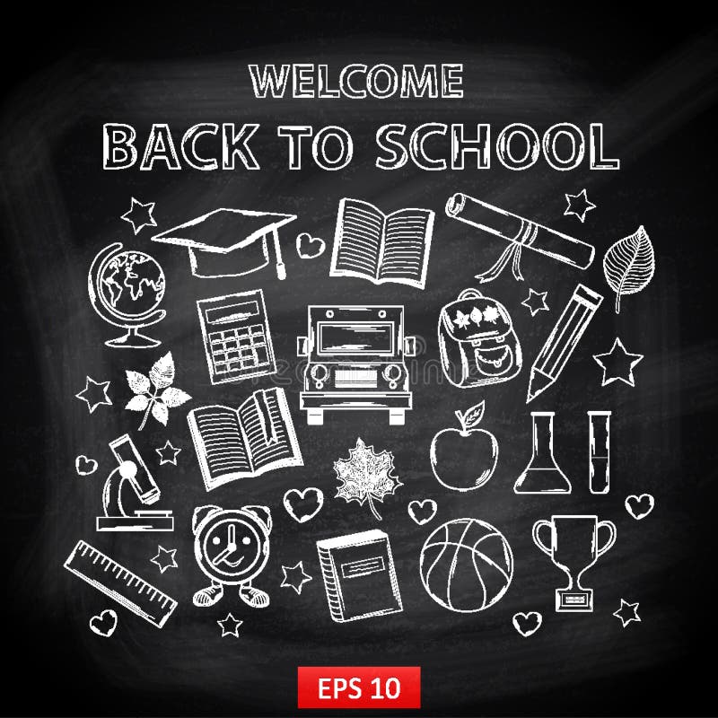 Chalk board Welcome back to school,hat graduate, scroll, apple, books, flasks