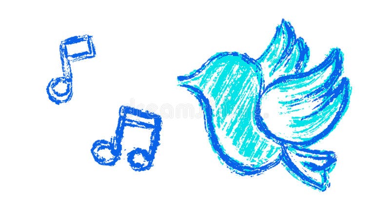 Chalk drawing of a blue bird with musical notes. Hand drawn crayon scribble style illustration with joyful and singing atmosphere. Colorful musical notes stock images, royalty-free photos and pictures