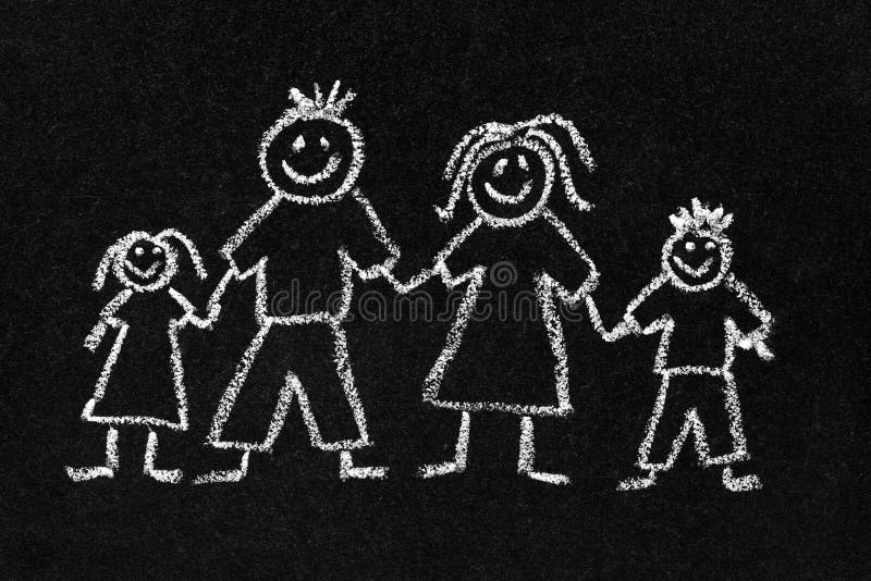 Children's chalk drawing on a blackboard of a happy family with mum, dad, son and daughter. Children's chalk drawing on a blackboard of a happy family with mum, dad, son and daughter