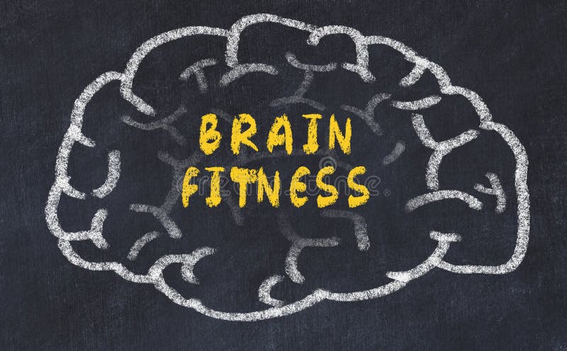Chalk drawing of human brain with inscription brain fitness stock photos