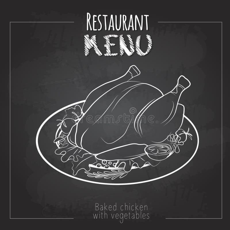 Chalk Drawing Menu Design. Restaurant Menu. Baked Chicken Stock Vector