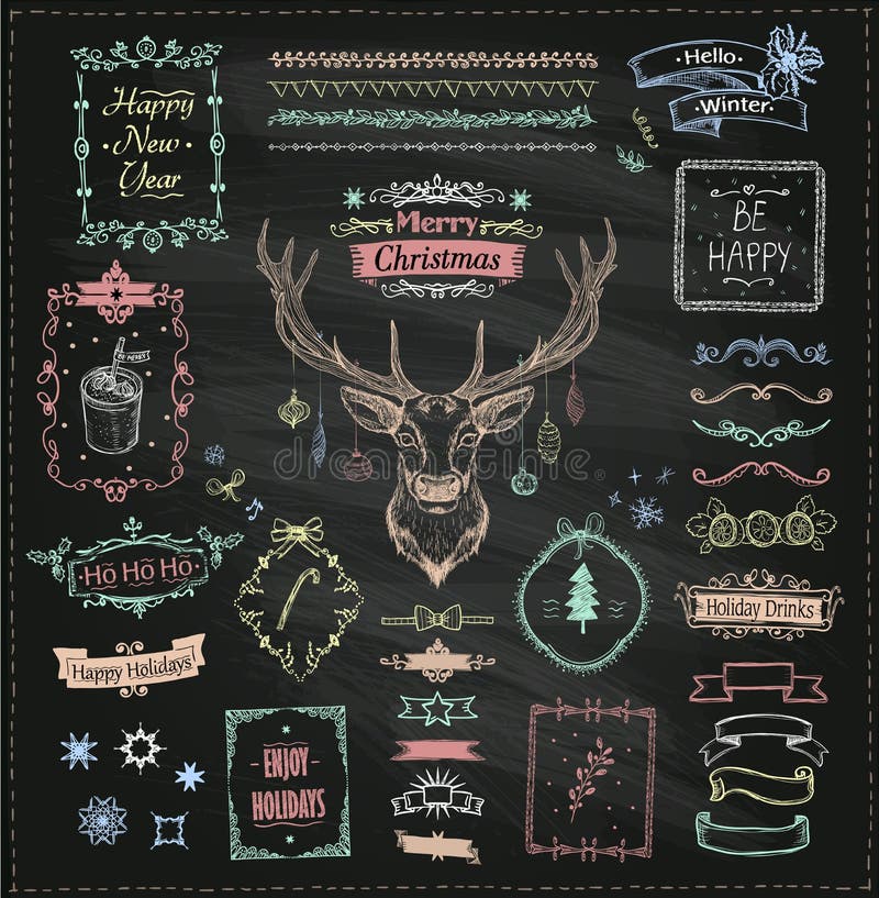 Chalk hand drawn Christmas and New Year sketch elements stock illustration