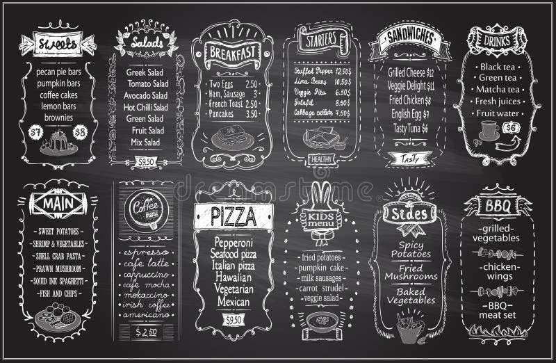 Chalk menu set on a blackboard - sweets, salads, breakfast, starters, sandwiches, etc