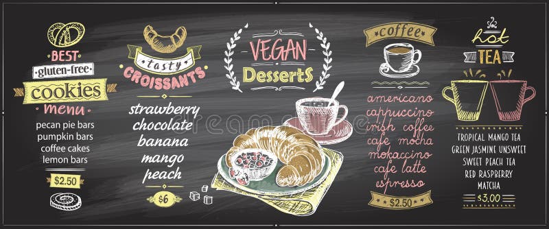 Chalk menu board designs set with sweets and hot drinks - vegan desserts, gluten free cookies, croissants, coffee and tea. Chalk menu board designs set with sweets and hot drinks - vegan desserts, gluten free cookies, croissants, coffee and tea