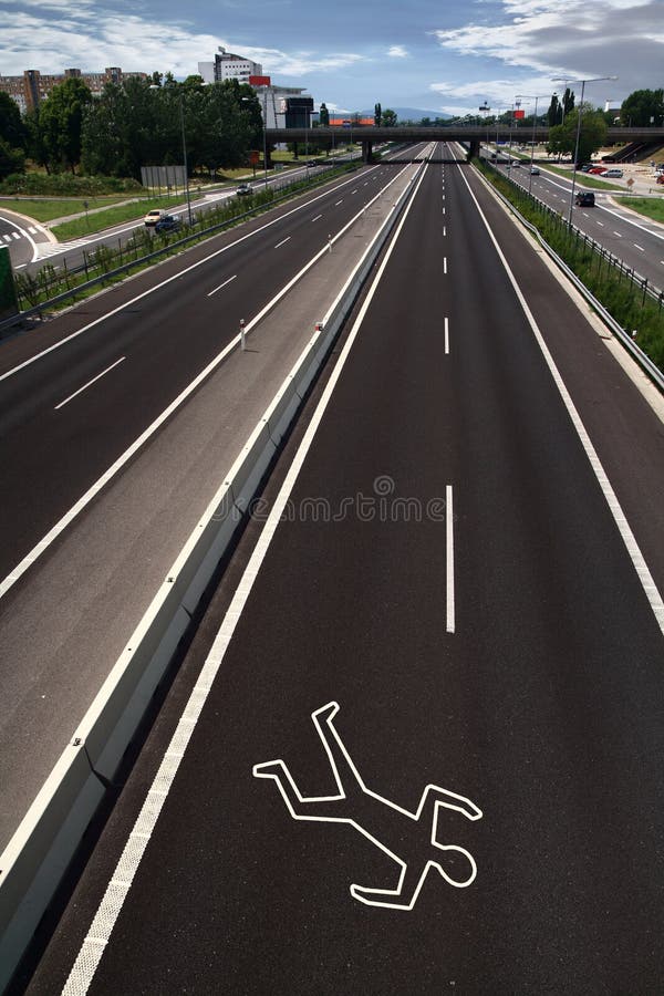 Chalk outline of a road accident victim. Chalk outline of a road accident victim