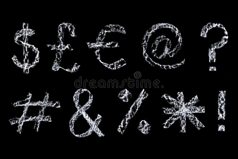 Handwritten symbols drawn on a blackboard, cleaned up during editing and placed on a black background. Handwritten symbols illustrations