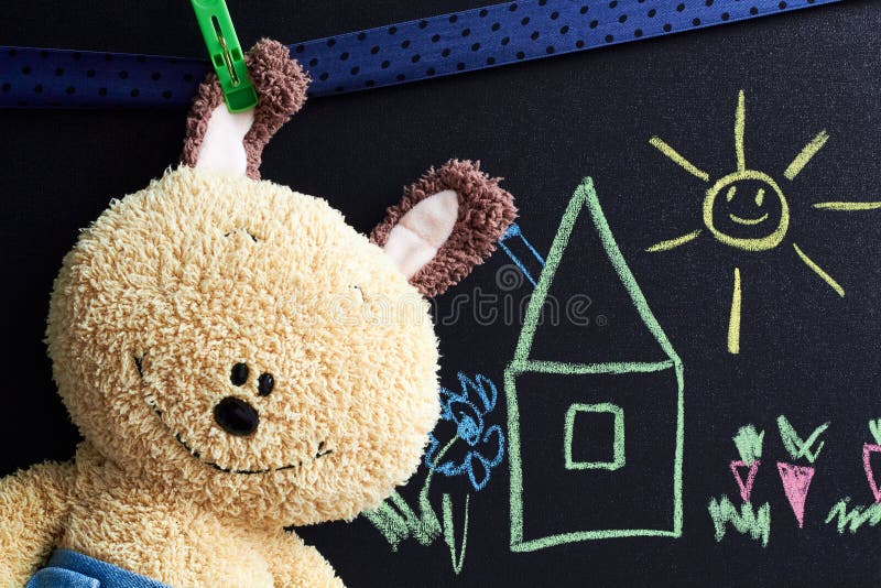 Chalkboard with Drawing and Toy Rabbits Stock Photo Image of string