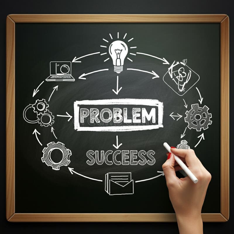 Chalkboard flowchart illustrating a problem-solving process. At the center is the word royalty free illustration
