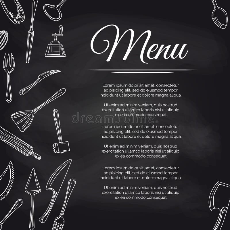 Chalkboard Menu Poster with Kitchen Utensils Stock Vector