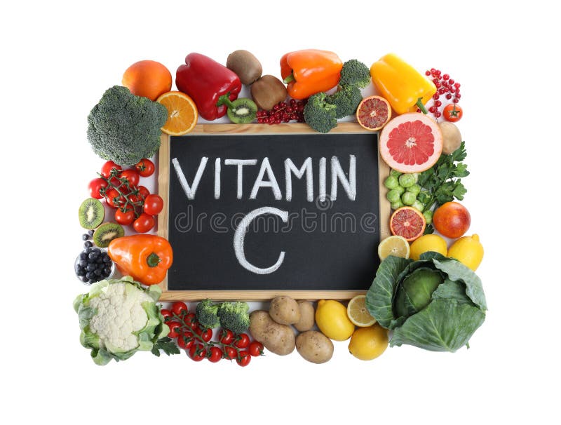 Chalkboard with Phrase VITAMIN C and Products on White Background Stock