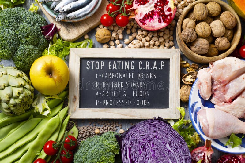 Chalkboard with the text stop eating CRAP, for carbonated drinks, refined sugars, artificial foods and processed foods, on a pile of some different raw fruits, vegetables, legumes, nuts, meat and fish. Chalkboard with the text stop eating CRAP, for carbonated drinks, refined sugars, artificial foods and processed foods, on a pile of some different raw fruits, vegetables, legumes, nuts, meat and fish