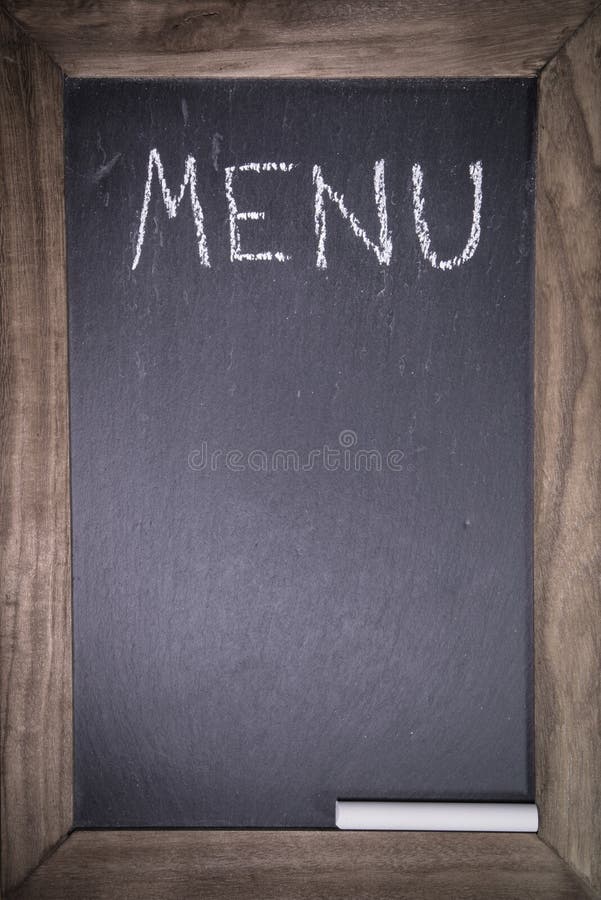 Chalkboard with wooden frame for restaurant with written text menu layout template background