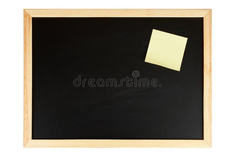 A empty black chalkboard with yellow note. Path included