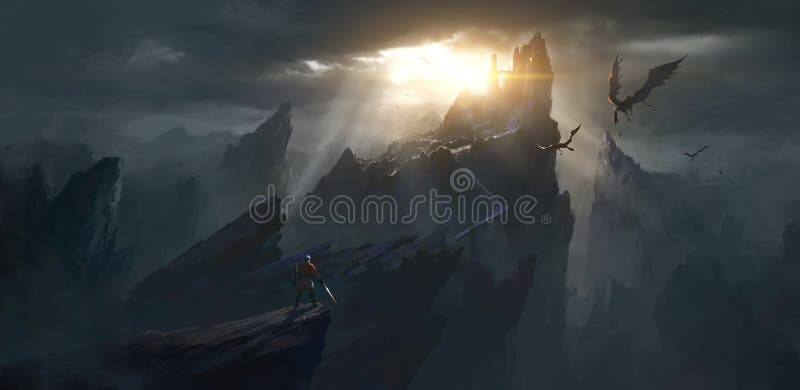 The challenger stands in front of the spooky castle. royalty free illustration