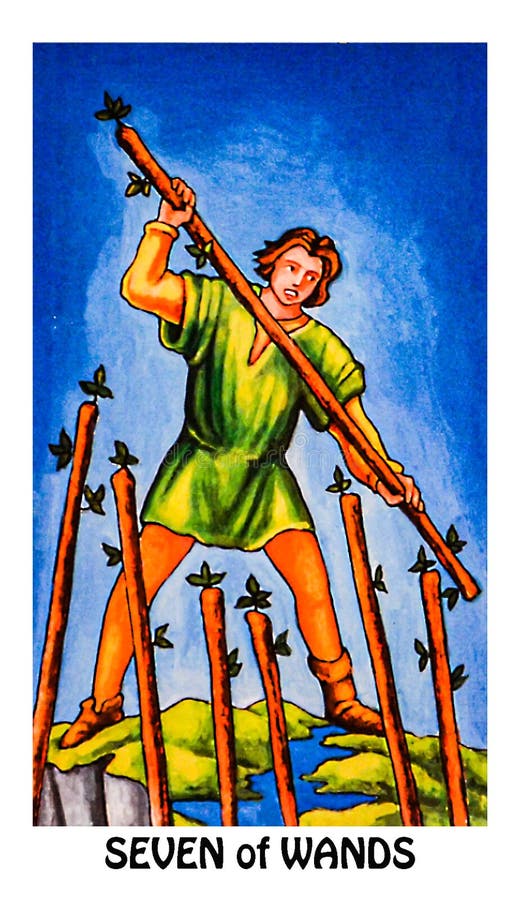 Seven of Wands Tarot Card Challenges Opposition Enemies Rivalry Competition Gritty Determination Tenacity Stamina