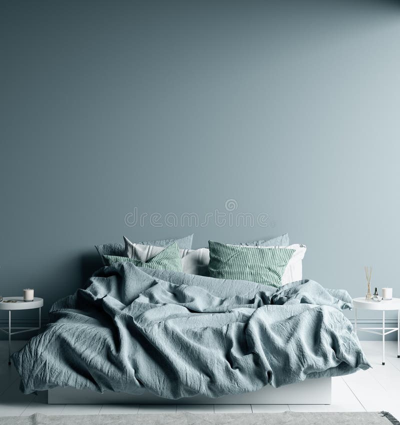 Chambre bleue froide noire intérieure avec la feuille de toile sur le lit, manque de respect à l'égard de la paroi