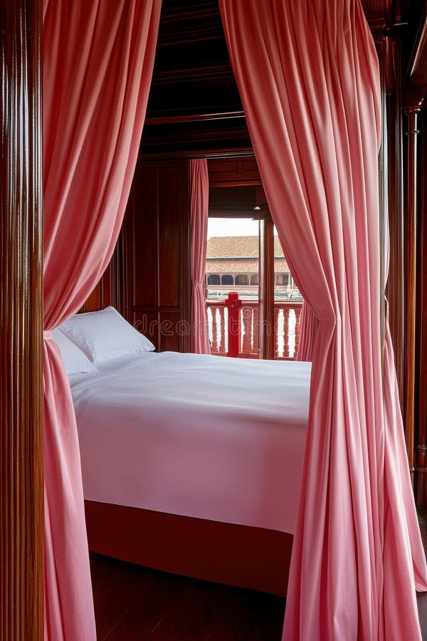 Chambre d'hôtel de luxe avec lit à baldaquin et vue sur le fleuve illustration de vecteur
