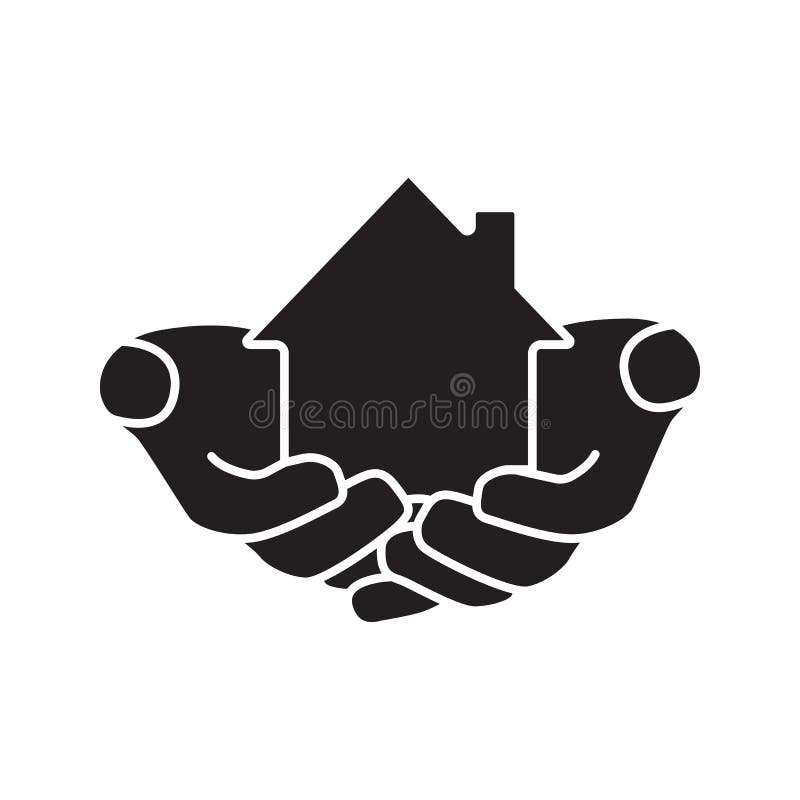 House in hands glyph icon. Home loan. Mortrage silhouette symbol. Real estate insurance. Hands holding building. Realty investment. Negative space. Vector isolated illustration. House in hands glyph icon. Home loan. Mortrage silhouette symbol. Real estate insurance. Hands holding building. Realty investment. Negative space. Vector isolated illustration