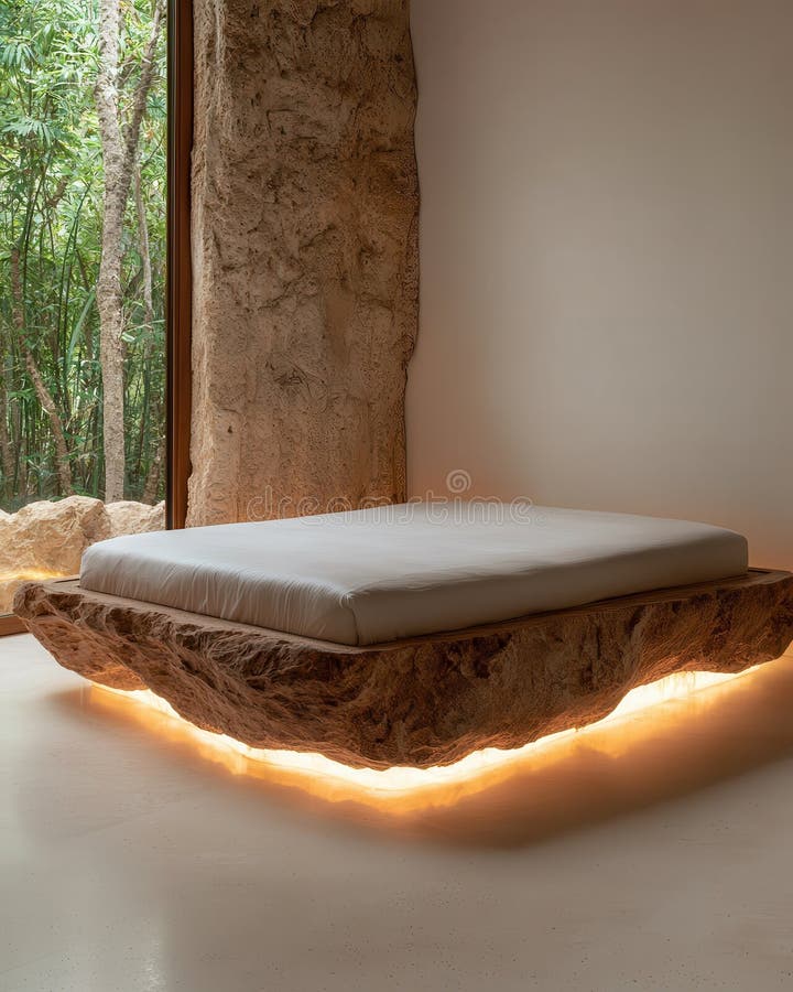 Chambre minimaliste de luxe avec lit en pierre et vue sur la jungle illustration libre de droits