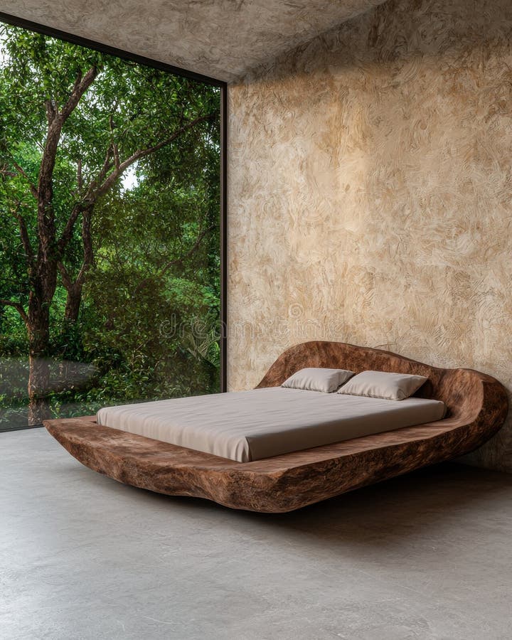 Chambre moderne de luxe avec lit en bois unique et vue sur la jungle illustration de vecteur