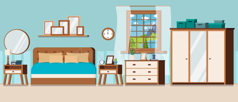 Chambre à coucher avec la vue de fenêtre du paysage de jour d'été illustration de vecteur Chambre à coucher avec la vue de fenêtre du paysage de jour d'été illustration de vecteur