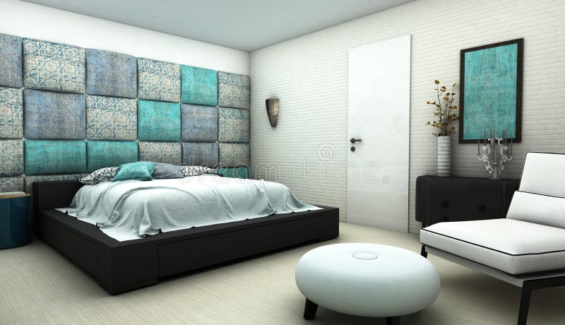 Chambre à coucher avec le mur oriental de textile de modèle illustration stock Chambre à coucher avec le mur oriental de textile de modèle illustration stock