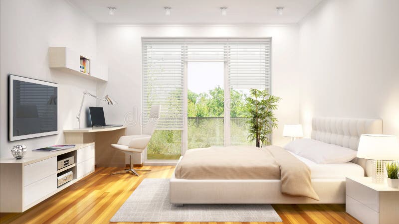 Chambre à coucher blanche de conception moderne dans une grande maison photo stock