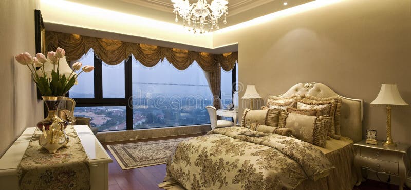 Fashion bedroom with large windows. Fashion bedroom with large windows.