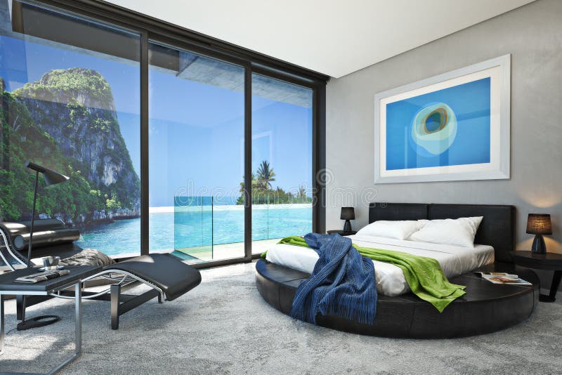 Chambre à coucher moderne avec vue sur une crique magnifique d'océan de bord de la mer photos libres de droits Chambre à coucher moderne avec vue sur une crique magnifique d'océan de bord de la mer photos libres de droits