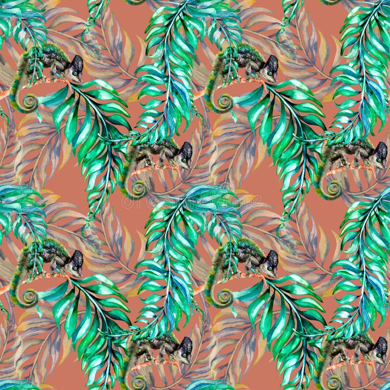 Chameleon on Palm Leaves Ornate Pattern Watercolor Illustration Stock Illustration ...