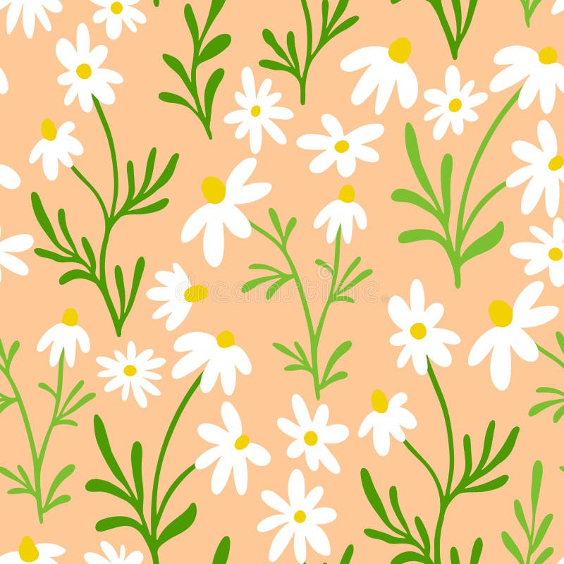 Seamless spring pattern with simple chamomile on yellow background