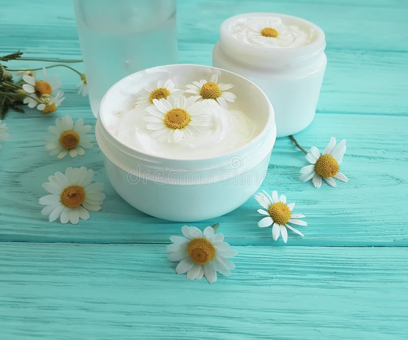 Chamomile flower, cosmetic cream on a blue wooden background royalty free stock image Chamomile flower, cosmetic cream on a blue wooden background royalty free stock image
