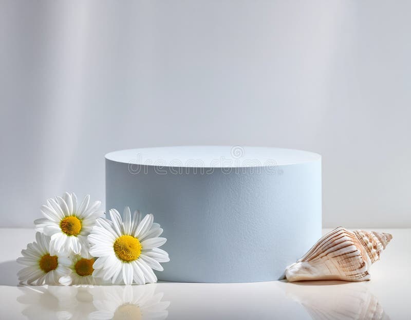 Chamomile Flowers and Seashell on Empty Cylindrical Podium royalty free stock images