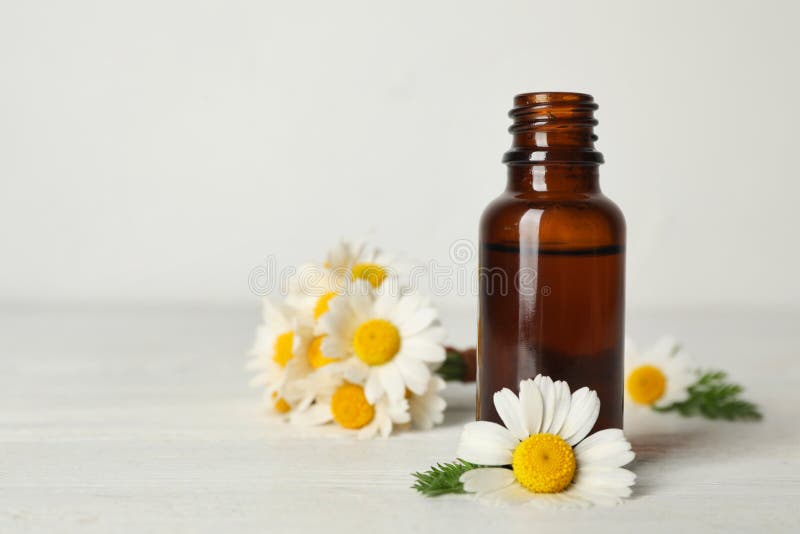 Chamomile kwiaty i kosmetyczna butelka istotny olej na drewnianym stole przeciw lekkiemu tłu